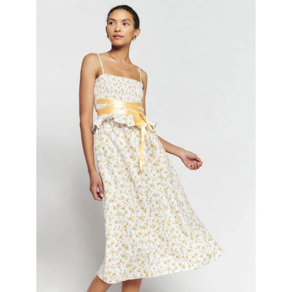 Reformation Yellow Floral 100% Linen Smocked Midi Dress Peplum Waist Size Large